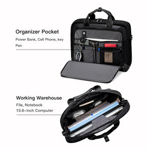 Black waterproof laptop bag with interior organizer pockets for phone, keys, and power bank