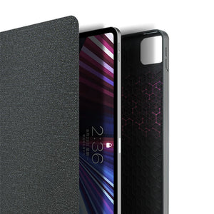 Bluetooth keyboard case with dark textured back and camera cutout protection