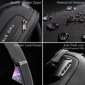 Black sling bag detail views: durable zipper, hidden card pocket, anti-theft lock area