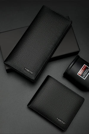 Black leather long wallet and card holder set, both with textured grain