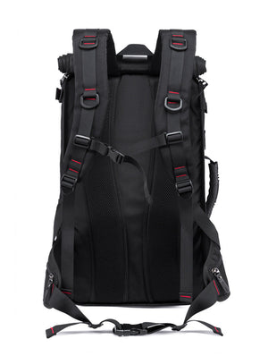 Black waterproof hiking backpack back view with padded shoulder straps and ventilation mesh
