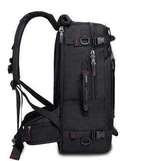 Black waterproof hiking backpack with top handle, side straps, and zip front pocket