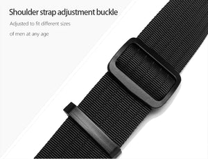 Black adjustable shoulder strap with secure woven adjustment buckle