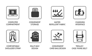 Black backpack with icons for computer compartment, water-repellent fabric, and charging interface.