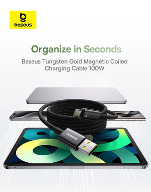 BASEUS Tungsten Gold 100W Type-C to USB-A Magnetic Coiled Charging Cable