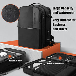Black waterproof travel backpack with front panel, buckles, and adjustable shoulder straps