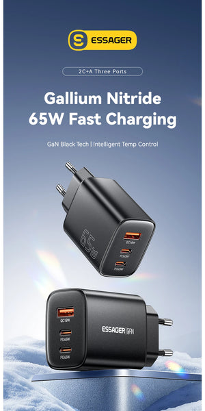 ESSAGER 65W GaN USB-C Charger with Quick Charge 4.0 and Power Delivery - Black