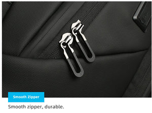 Black backpack close-up of smooth zipper with metal zipper pulls