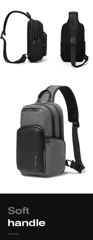 Black and grey crossbody bag shown front, side, and angled view with adjustable strap