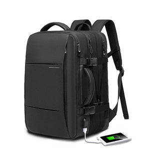Black expandable travel backpack with front buckle straps and side charging pouch