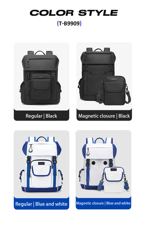 Black magnetic-closure backpack with detachable small shoulder bag, shown in black and blue/white