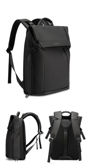 Black backpack with padded shoulder straps, top handle, and front flap pocket
