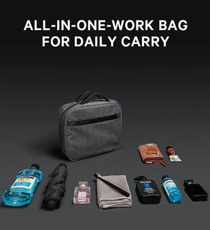 Gray collapsible waterproof toiletries bag with toiletries layout beside it
