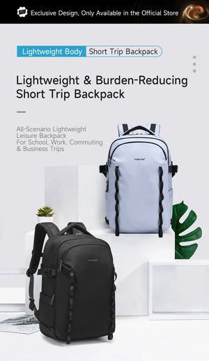 Lightweight waterproof travel backpack shown in black and light blue with front views