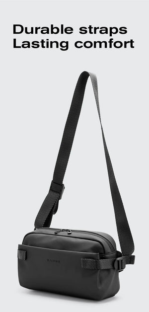 Black crossbody bag with adjustable webbing strap and front buckle strap details.