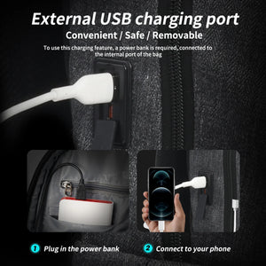 Grey backpack with external USB charging port and removable charging cable
