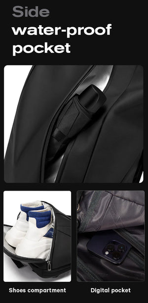 Black waterproof travel backpack side pocket with adjustable strap detail