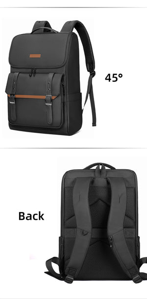 Black commuter backpack 45-degree front view and back view with padded shoulder straps