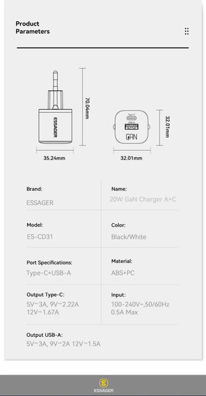 ESSAGER 20W GaN USB Charger with PD Fast Charging and QC3.0 - Black