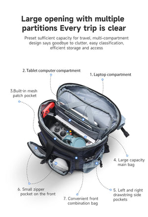 Blue travel backpack opened to show laptop compartment and multiple inner partitions.