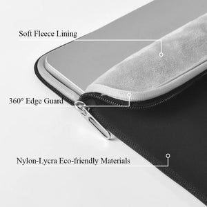 Zippered laptop and tablet sleeve with soft fleece lining and rounded edge guard.