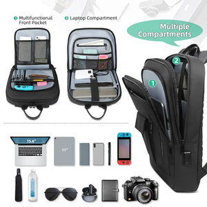 Black backpack open to show laptop compartment and multiple organizer pockets