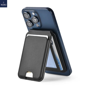 Black leather MagSafe card holder wallet with kickstand and card pocket on phone