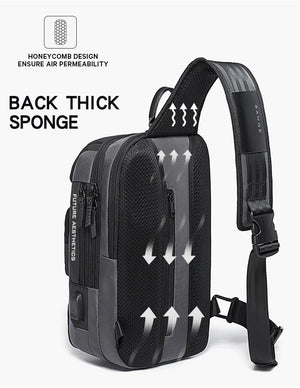 Black backpack-style crossbody with thick padded back panel and textured front.