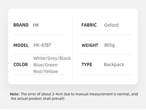 Backpack product spec card: HK-8787, Oxford fabric, 805 g; colors white/grey/black, blue/green