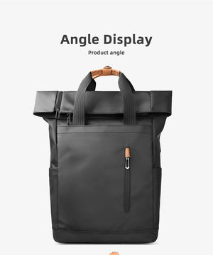 Black expandable roll-top travel backpack front angle with side zipper and strap details
