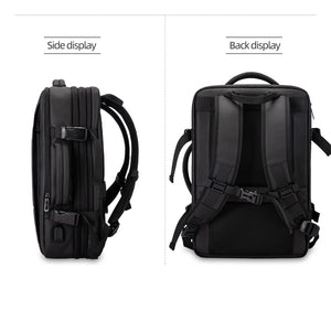Black backpack shown from side and back, with mesh back panel and shoulder straps