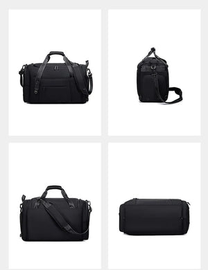 Black duffle bag shown in multiple views: front, side, back, and top handle