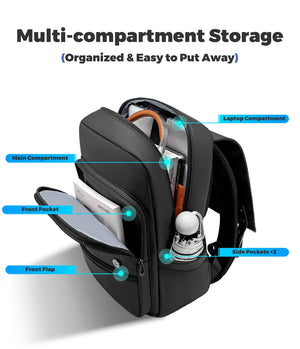 Black multi-compartment backpack with laptop compartment, front pocket, and side pockets