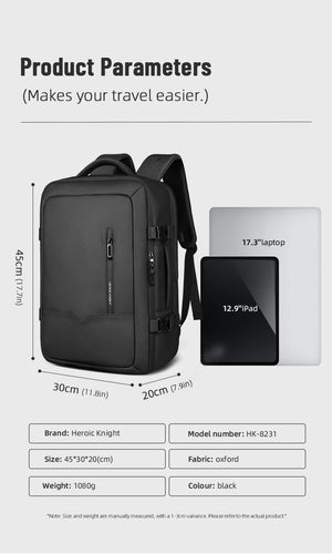 Black large-capacity travel backpack shown with laptop and tablet compartments