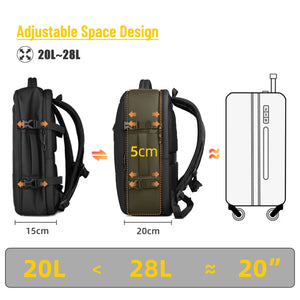 Black backpack with expandable side panels for 20L to 28L capacity.