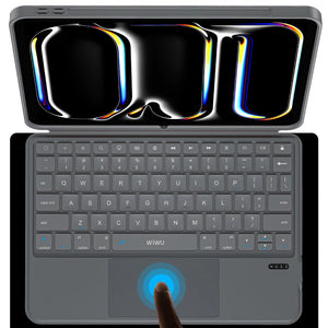 Gray keyboard case close-up with built-in keyboard and touchpad