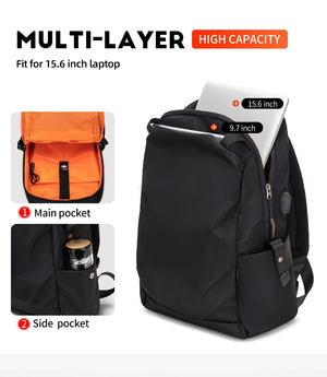 Black commuter backpack with multi-layer padding and 15.6 inch laptop sleeve