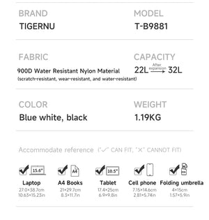 Water-resistant nylon travel backpack in blue, white, and black with multiple compartments