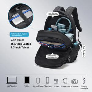Black waterproof travel backpack with open compartments for laptop, tablet, and phone storage