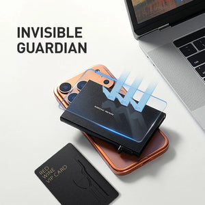Dark aluminum pop-up RFID card holder with flip-out latch, shield lines