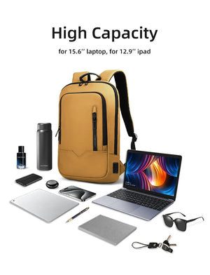 Yellow compact waterproof backpack with front zipper pocket and black adjustable shoulder straps
