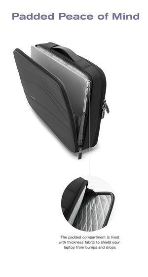 Black padded waterproof laptop sleeve with zipper and carry handle, side view.