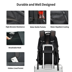 Black travel backpack with water bottle pocket, breathable mesh back, and hidden lined pocket