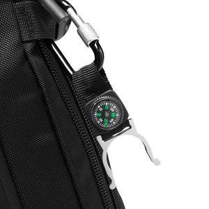 Black backpack side zipper with metal carabiner and compass keychain charm