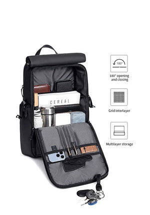 Large capacity waterproof travel backpack with open 180° compartments, black