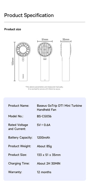 BASEUS GoTrip DT1 Mini Rechargeable Handheld Portable Fan