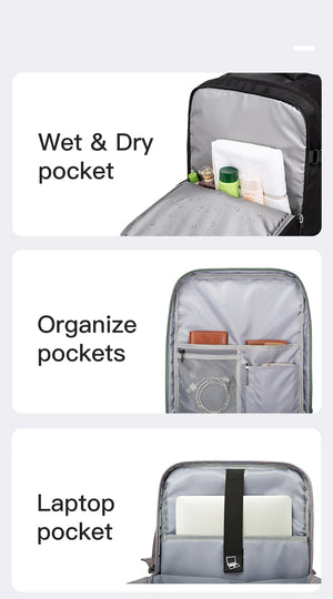 Black travel backpack interior sections for wet & dry, organizing pockets, and laptop storage