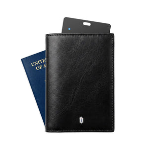 Black leather passport wallet with AirTag slot emblem, bifold design, cards visible