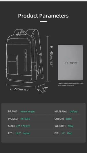 Black backpack size chart showing 15.6-inch laptop compartment dimensions
