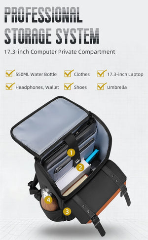 Black waterproof commuter backpack open front showing laptop and organizer compartments